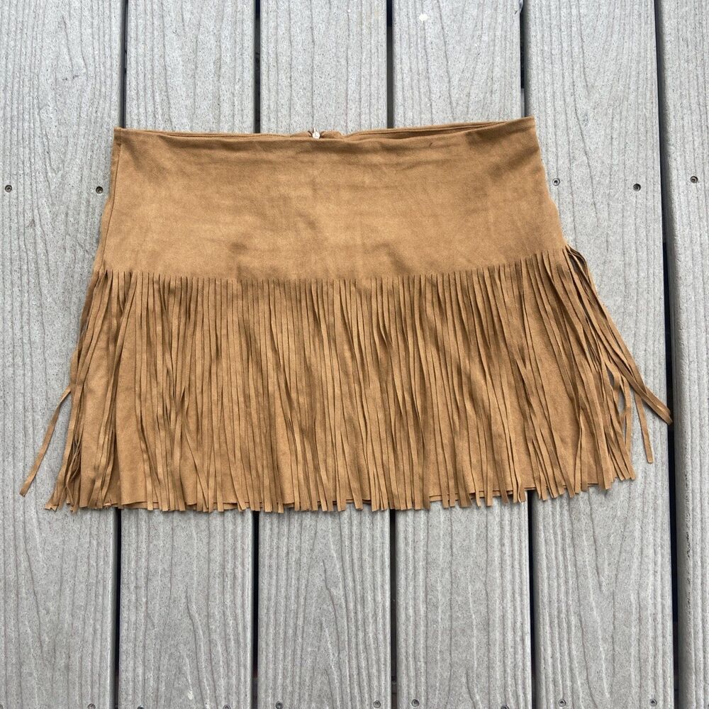Rewind Women's 13 Faux Suede Fringe Mini Skirt Brown Tan Western Boho Festival